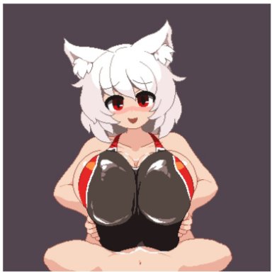 1boy, alternate breast size, animal ear fluff, animal ears, animated, blinking, blush, breast squeeze, breasts, cleavage, closed eyes, closed mouth, clothed female nude male, clothed paizuri, commentary request