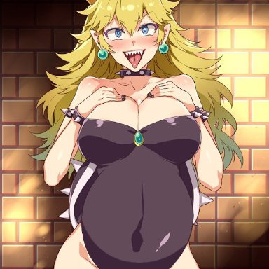 belly, big breasts, blonde hair, blue eyes, bowser, bowsette, breasts, cameltoe, clothed, clothing, color, colored, crazy eyes, crown, earrings