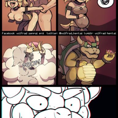 2018, alternate species, blonde hair, blush, bowser, bowsette, breasts, chromatic aberration, clothing, comic, crown, faceless male, female, from behind position, hair