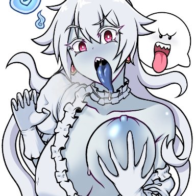 areolae, big breasts, blue tongue, boo (mario), boosette, breast grab, breast hold, breasts, bulge, clothing, crown, dress, earrings, elbow gloves, eron (artist)