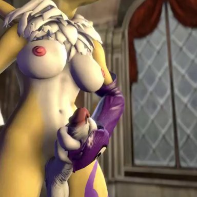 3d, animated, anthro, areolae, balls, big breasts, bizzyniz, breasts, cum, cum on viewer, cumshot, dickgirl, digimon, fellatio, full-package futanari