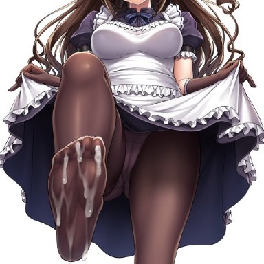 :d, alternate costume, apron, apron lift, bangs, black dress, black gloves, black legwear, blue neckwear, blue ribbon, blush, breasts, brown eyes, brown hair, cameltoe