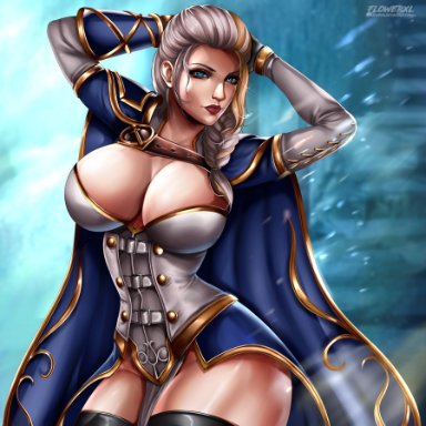 big breasts, breasts, cleavage, female, female only, flowerxl, jaina proudmoore, large breasts, looking at viewer, solo, thighhighs, world of warcraft