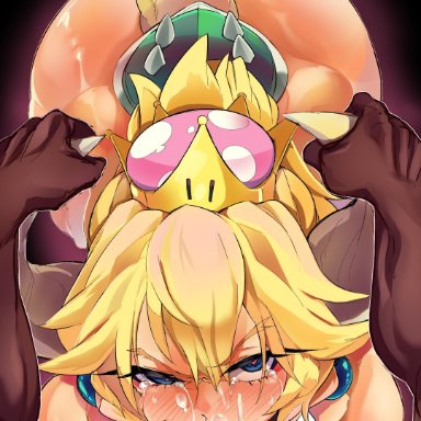 1boy, absurdres, armlet, ass, bangs, black nails, blonde hair, blue eyes, blush, bowsette, breasts, crown, cum, cum in mouth, cum in nose