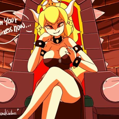 1girl, 2018, animated, areolae, blonde hair, bouncing breasts, bowsette, bracelet, breast fondling, breasts, civibes, collar, crown, digital drawing (artwork), digital media (artwork)