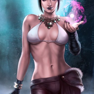 black hair, bra, breasts, cleavage, dandon fuga, dragon age, female, female only, leather pants, looking at viewer, morrigan, morrigan (dragon age), solo