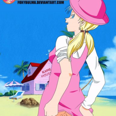 1girl, animated, anus, ass, blonde hair, dragon ball, dragon ball gt, dress lift, foxybulma, marron, ponytail, pussy, vagina