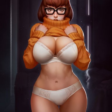 big breasts, bra, breasts, cleavage, female, female only, glasses, large breasts, looking at viewer, panties, scooby-doo, shirt lift, solo, themaestronoob, velma dinkley