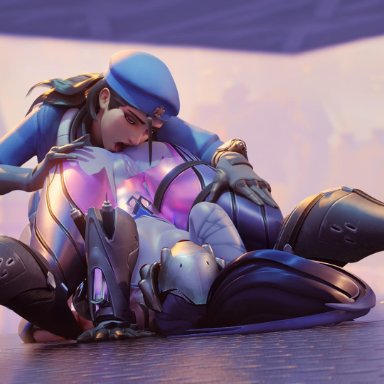 2girls, 3d, alternate costume, ana amari, anilingus, blender, captain amari, edit, feet, female, female only, legs behind head, oral, overwatch, pussy