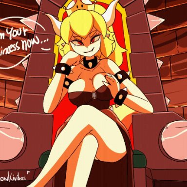 areolae, big breasts, blonde hair, bouncing breasts, bowsette, bracelet, civibes, collar, crown, domination, female, female only, femdom, horns, red eyes
