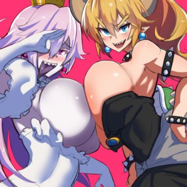 2girls, armlet, big breasts, blonde hair, blush, boo (mario), boosette, bowser, bowsette, bracelet, breast squish, breasts, breasts frottage, cleavage, clothed