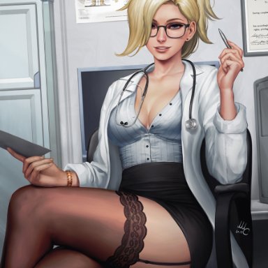 breasts, glasses, leggings, mercy, mirco cabbia, office, overwatch, thick thighs