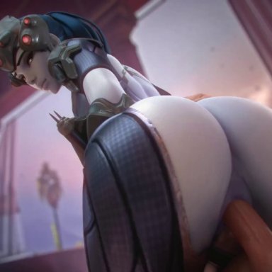 3d, animated, ass, audiodude, blue hair, cowgirl position, female, fpsblyck, male, overwatch, penis, ponytail, purple skin, pussy, sex