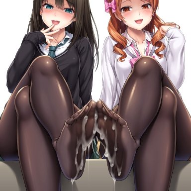 :d, 2girls, arm at side, bangs, black legwear, black sweater, blush, bow, bowtie, breasts, brown eyes, brown hair, collared shirt, commentary request, cum