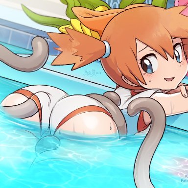 1girl, 2018, alternate outfit, ambiguous gender, armpits, ass, blue eyes, blush, cameltoe, eyelashes, feet, female, female only, imminent tentacle rape, kasumi (pokemon)