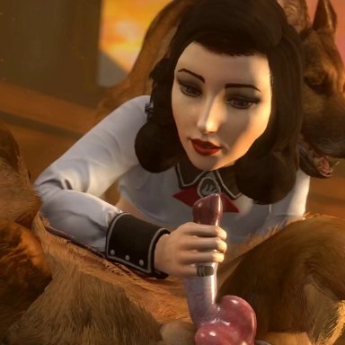 1girl, 2boys, 3d, animal genitalia, animated, areolae, bioshock, bioshock infinite, bouncing breasts, breasts, burial at sea, canine, darktronicksfm, elizabeth, erection