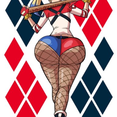 1girl, axel-rosered, baseball bat, batman (series), big ass, big butt, blonde hair, bubble butt, clothed, dat ass, female, female only, fishnet stockings, fishnets, harley quinn