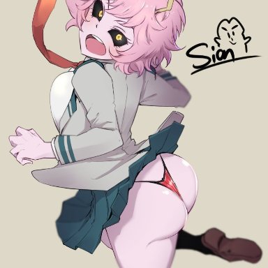 artist name, ass, black sclera, breasts, female, from behind, green skirt, grey background, horns, looking at viewer, looking back, medium breasts, mina ashido, my hero academia, open mouth