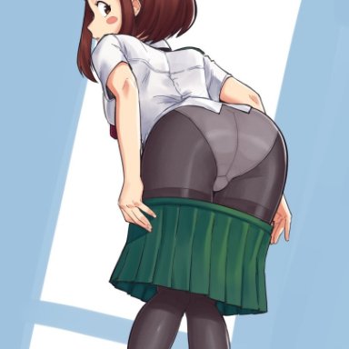 ass, bent over, brown eyes, brown hair, female, female only, my hero academia, ochako uraraka, panties, school uniform, suoiresnu, undressing, uniform