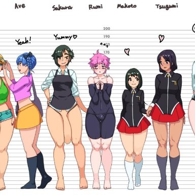 1boy, 3futa, 6+girls, apron, ave (neone-x), blonde hair, bulge, character name, cleavage, clothing, curvy, eva (neone-x), flaccid, futanari, height chart