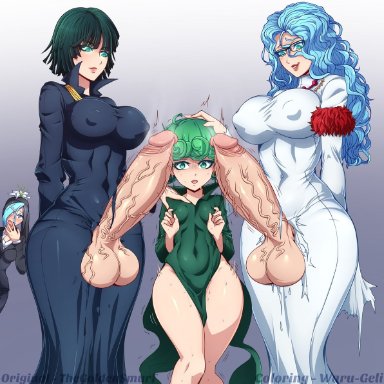 2futa, 2girls, 3girls, afraid, curvy, erection, fubuki, futanari, glasses, hourglass figure, huge cock, hyper, hyper balls, hyper penis, hyper testicles