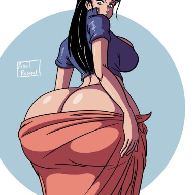 1girl, ass, axel-rosered, big ass, big butt, black hair, bubble butt, female, female only, huge ass, jacket, looking at viewer, nico robin, one piece