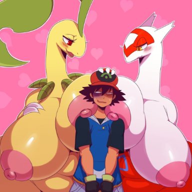 1boy, 2girls, bayleef, black hair, breast smother, breast squish, chubby, dragon, eyelashes, half-closed eyes, huge breasts, human, large breasts, latias, long neck