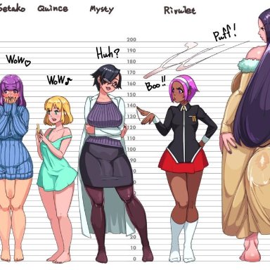 barefoot, bulge, dark skin, dark-skinned female, erection under clothes, flaccid, futanari, glasses, height chart, height difference, hinaka (neone-x), huge testicles, hyper balls, mikage (neone-x), multiple futa