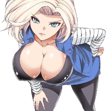android 18, aoiakira553, blonde hair, blue eyes, breasts, cleavage, curvy, dragon ball, erect nipples, female, female only, huge areolae, huge breasts, looking at viewer, puffy nipples