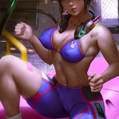 abs, absurdres, breasts, cameltoe, cleavage, d.va, female, female only, highres, logan cure, looking at viewer, overwatch, solo, spread legs