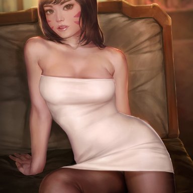 1girl, alternate costume, arm, arm support, arms at sides, artist name, bare arms, bare shoulders, black legwear, blurry, blurry background, breasts, brown eyes, brown hair, chair