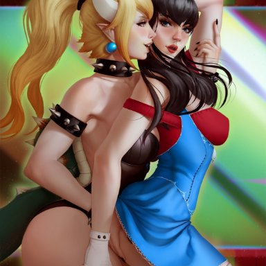 2girls, ass grab, beret, black nails, blonde hair, bowser, bowsette, breasts, busty, cleavage, dress, eyeshadow, female, female only, gloves