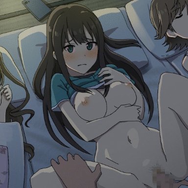 1boy, 3d, 3girls, alarm clock, animated, areolae, belly button, blush, bouncing breasts, brown hair, cellphone, censored, clock, eyebrows visible through hair, female