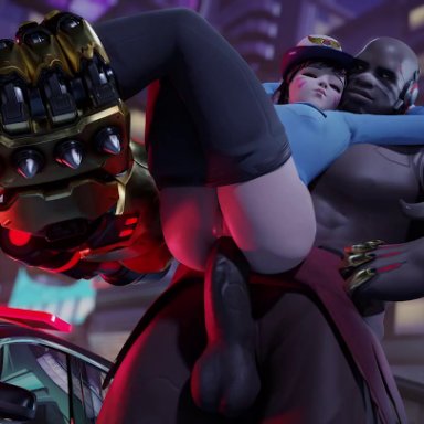 3d, alternate costume, anal, animated, anus, big penis, blender, d.va, dark skin, dark-skinned male, doomfist, erection, female, interracial, male