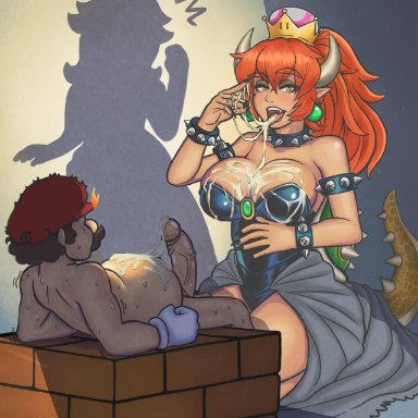 big breasts, bowsette, breasts, cleavage, cum, cum in mouth, cum on breasts, cum on self, cum on tongue, erection, female, large breasts, male, mario, penis