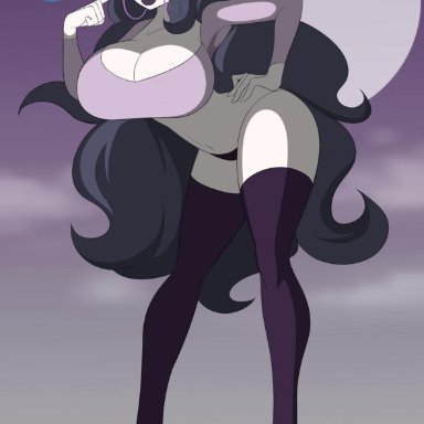 1girl, ahoge, belly, bent over, big lips, bimbo, bra, breasts, cleavage, eyelashes, female, female only, ghost, hand on hips, hex maniac