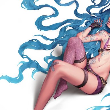 1girl, armpits, bandaid, blue hair, bra, bullets, female, female only, gloves, grooooovy, jinx, jinx (league of legends), laying down, league of legends, legwear