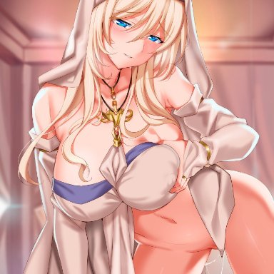 bed, big breasts, blonde hair, blue eyes, blush, breast grab, breasts, erect nipples, female, female only, goblin slayer, huge breasts, large breasts, looking at viewer, pussy juice