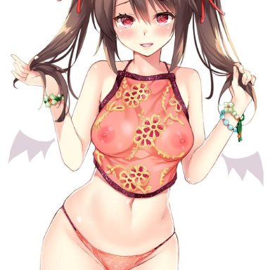 :d, alternate costume, areolae, azur lane, bangle, bangs, blush, bracelet, breasts, brown hair, collarbone, commentary request, covered nipples, cowboy shot, crop top