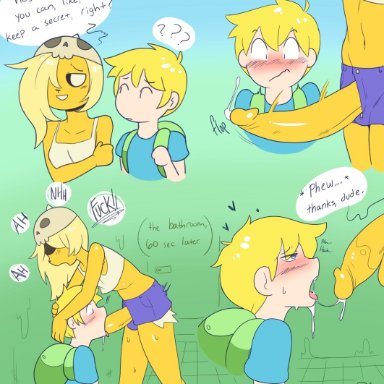 adventure time, anthro, anthro penetrating human, backpack, balls, bathroom, bear, big penis, blonde hair, blue eyes, blush, bronwyn, canine, cartoon network, chimera