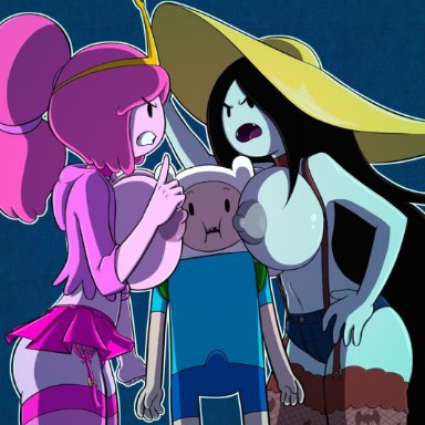 1boy, 2014, 2girls, adventure time, age difference, angry, between breasts, big breasts, breasts, finn the human, garabatoz, garter belt, hat, head between breasts, height difference