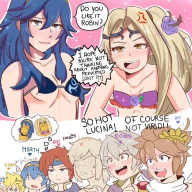 2girls, absurdres, armor, bikini, blonde hair, blue hair, breasts, cape, cloud strife, corrin (fire emblem), ed edd n eddy, final fantasy, final fantasy vii, fire emblem, fire emblem 6