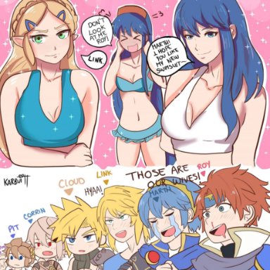 3girls, absurdres, armor, bikini, blonde hair, blue hair, breasts, caeda, caeda (fire emblem), cape, cloud strife, corrin (fire emblem), final fantasy, final fantasy vii, fire emblem