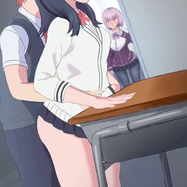 aethosart, animated, animated gif, being watched, blue hair, classroom, clothed sex, female, from behind, male, no sound, pink hair, public, public sex, school uniform