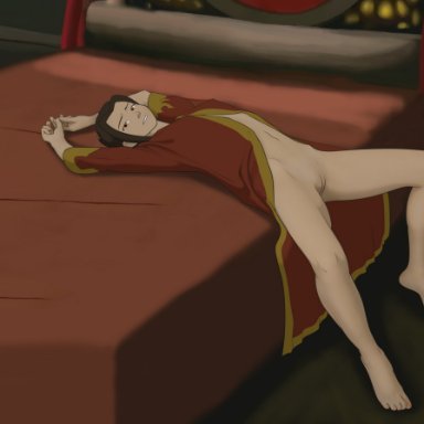 anaxus, avatar the last airbender, azula, barefoot, bed, bed sheet, bedroom, brown hair, female, laying down, long hair, looking at viewer, naked, pussy, robe