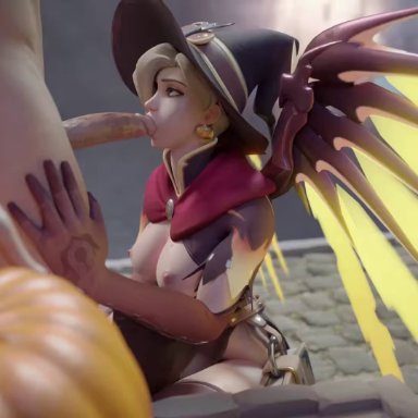3d, alternate costume, animated, areolae, blender, breasts, cawneil, erection, fellatio, female, male, mercy, nipples, oral, overwatch
