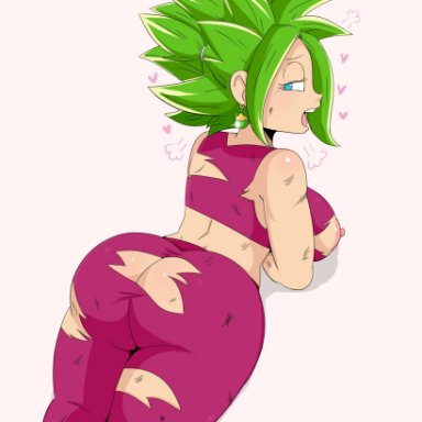 areolae, ass, big ass, blue eyes, breasts, clothing, dragon ball, dragon ball super, earrings, exposed breasts, female, female only, green hair, hair, heart