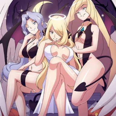 3girls, aether foundation, ambiguous gender, ass, being watched, big breasts, bikini, breasts, breasts apart, cleavage, cynthia (pokemon), elite four, female, female only, ghost