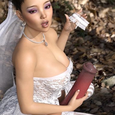 1futa, 3d, animal genitalia, black hair, breasts, bride, cleavage, dickgirl, elyria steele, erection, futa, futa only, futanari, holding penis, horsecock