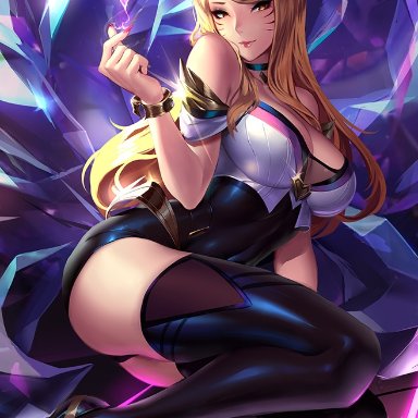 ahri, alternate costume, big breasts, blonde hair, breasts, cianyo, cleavage, female, female only, k/da ahri, large breasts, league of legends, looking at viewer, solo, thighhighs